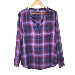 EDDIE BAUER Plaid Long Sleeve Collarless Button Up Shirt size L